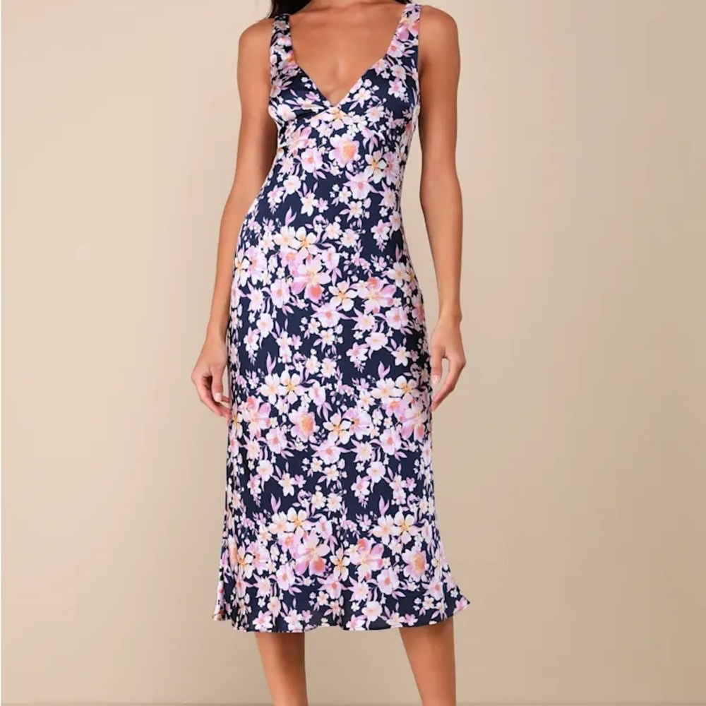 Lulu's Pink and Blue Sleeveless V-Neck Midi Dress